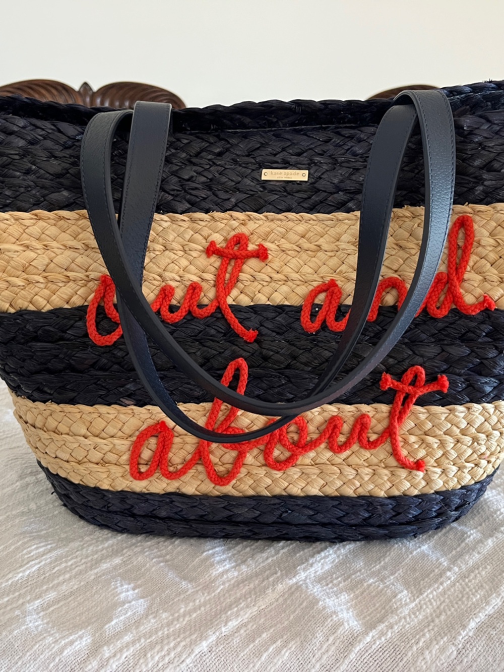 kate spade Navy  and Natural Straw Stripe Tote with Red Script - Picture 3 of 7